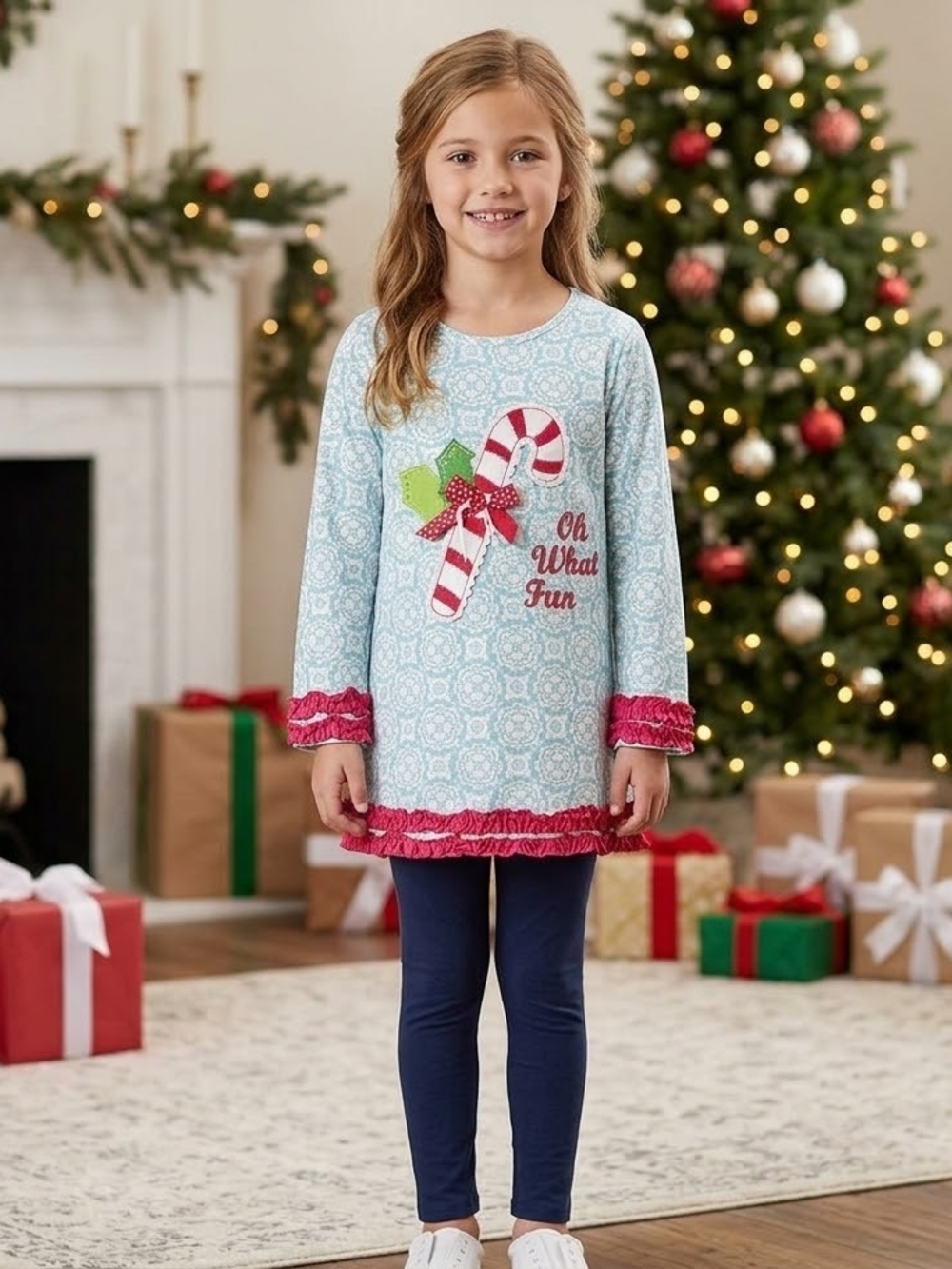 Emily Rose Light Blue Candy Cane  Blouse  with Pink Ruffle Size 8 Girls